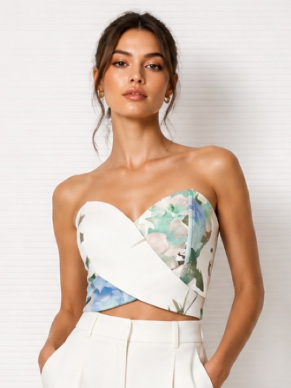 THE SANG Bustier Top Bandeau Bra Cropped Floral Strapless Crossover Stays